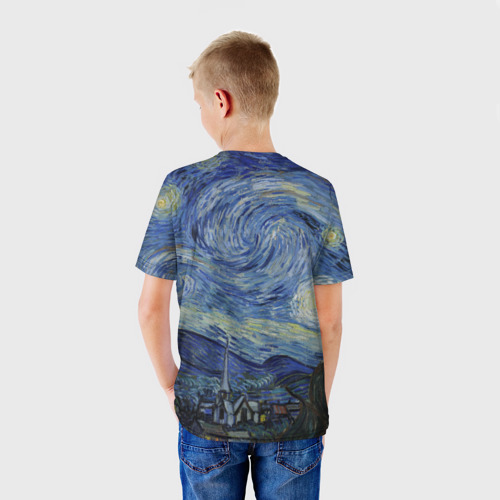 Детская футболка 3D с принтом Звездная ночь Ван Гога, вид сзади #2