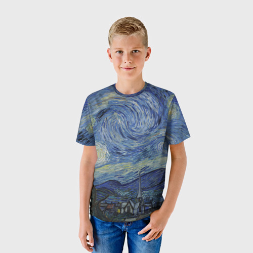Детская футболка 3D с принтом Звездная ночь Ван Гога, фото на моделе #1