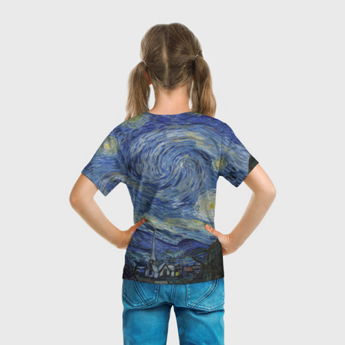 Детская футболка 3D с принтом Звездная ночь Ван Гога, вид сзади #2
