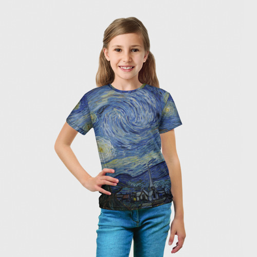 Детская футболка 3D с принтом Звездная ночь Ван Гога, вид сбоку #3