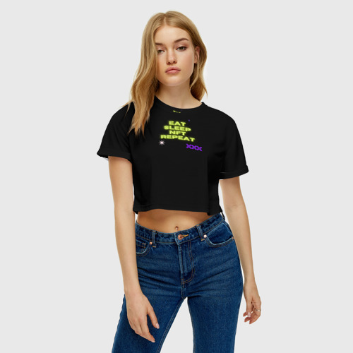 Женская футболка Crop-top 3D Eat, sleep, nft, repeat, неоновый текст, цвет 3D печать - фото 3