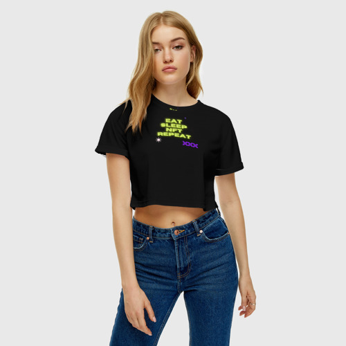 Женская футболка Crop-top 3D Eat, sleep, nft, repeat, неоновый текст, цвет 3D печать - фото 4