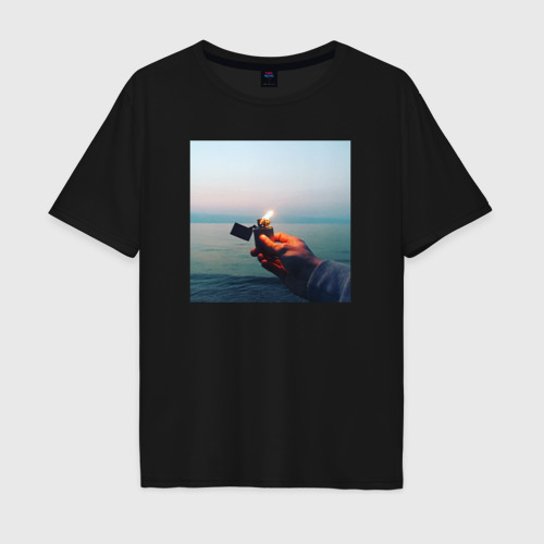 Мужская футболка хлопок Oversize Пламенный свет на Байкале, цвет черный