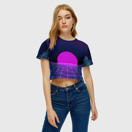 Женская футболка Crop-top 3D Закат розового солнца Vaporwave Психоделика, цвет 3D печать - фото 3