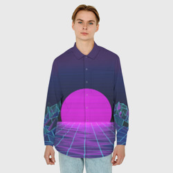 Мужская рубашка oversize 3D Закат розового солнца Vaporwave Психоделика - фото 2