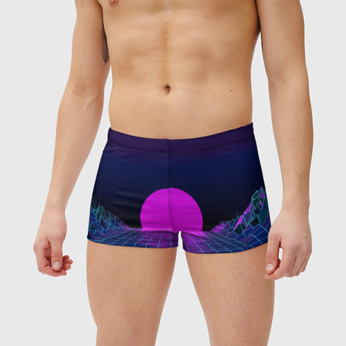Мужские купальные плавки 3D Закат розового солнца Vaporwave Психоделика, цвет 3D печать - фото 3