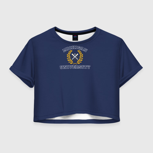 Женская футболка Crop-top 3D Michigan University - лого американского университета на синем, цвет 3D печать