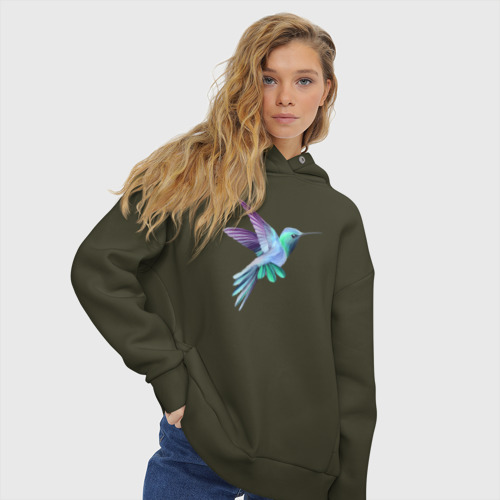 Женское худи Oversize хлопок Красивая колибри, цвет хаки - фото 4