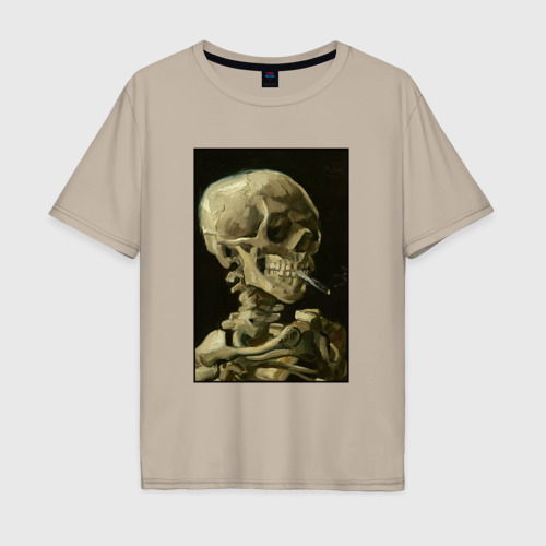 Мужская футболка хлопок Oversize с принтом Череп с горящей сигаретой Ван Гог, вид спереди #2