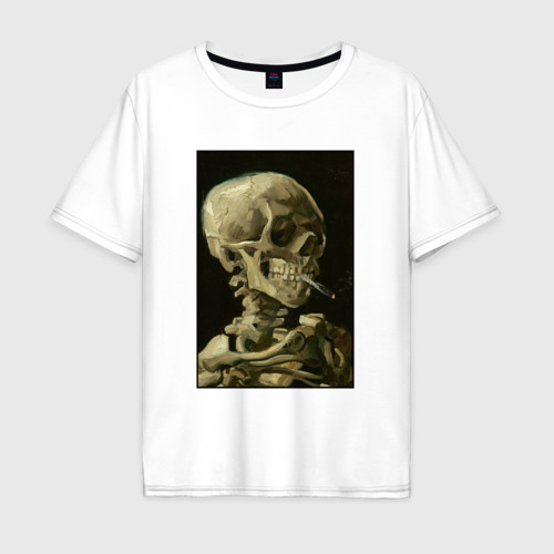 Мужская футболка из хлопка оверсайз с принтом Череп с горящей сигаретой Ван Гог, вид спереди №1