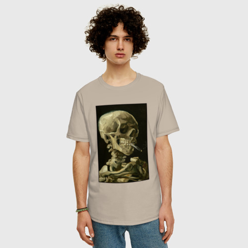 Мужская футболка хлопок Oversize с принтом Череп с горящей сигаретой Ван Гог, фото на моделе #1