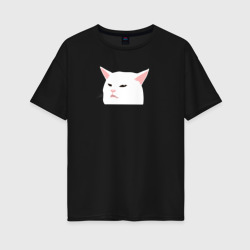 Женская футболка хлопок Oversize Белый кот из мема