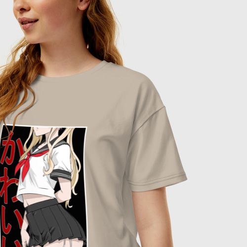 Женская футболка хлопок Oversize Аниме девушка в юбке, цвет миндальный - фото 3