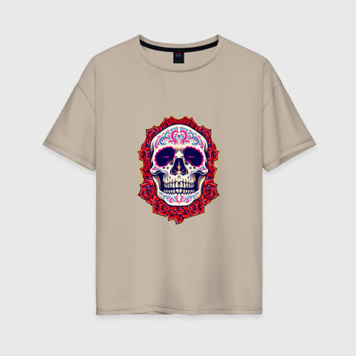 Женская футболка хлопок Oversize с принтом Skull - Roses, вид спереди #2