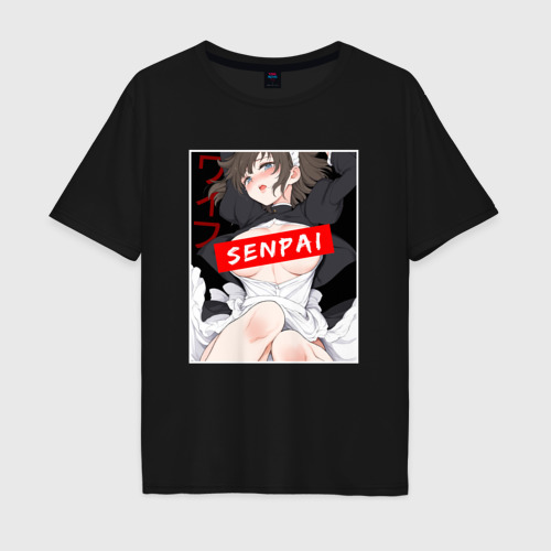 Мужская футболка хлопок Oversize Девушка и надпись Senpai Ahegao, цвет черный