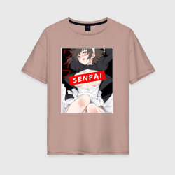 Женская футболка хлопок Oversize Девушка и надпись Senpai Ahegao