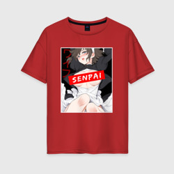 Женская футболка хлопок Oversize Девушка и надпись Senpai Ahegao