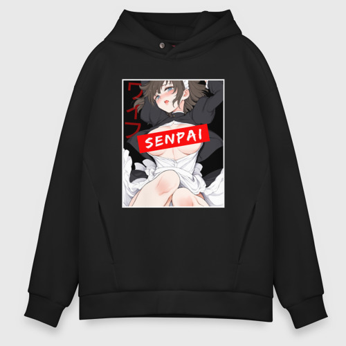 Мужское худи Oversize хлопок Девушка и надпись Senpai Ahegao, цвет черный