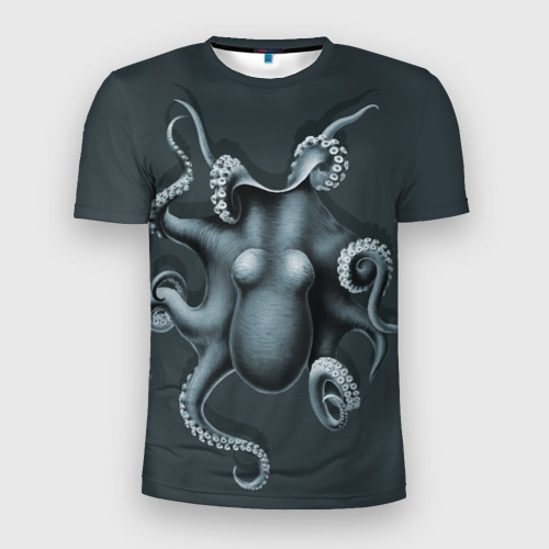 Мужская футболка 3D Slim с принтом Серый осьминог, вид спереди #2