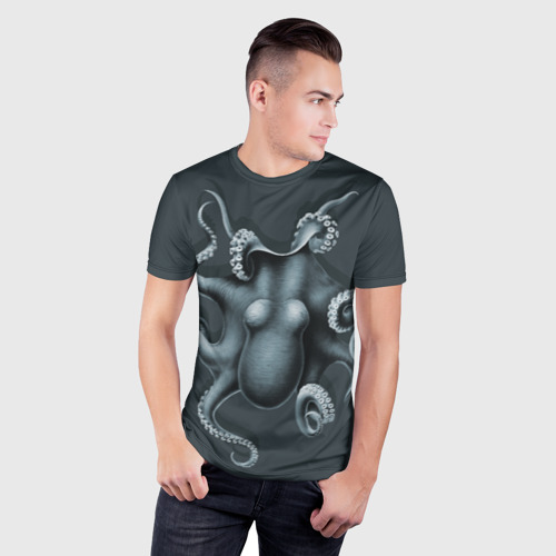Мужская футболка 3D Slim с принтом Серый осьминог, фото на моделе #1