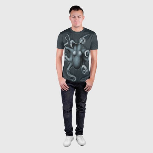 Мужская футболка 3D Slim с принтом Серый осьминог, вид сбоку #3