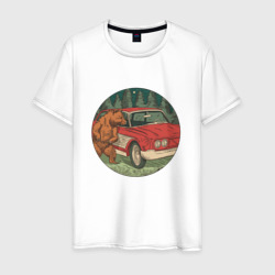 Мужская футболка хлопок Медведь и машина в лесу
