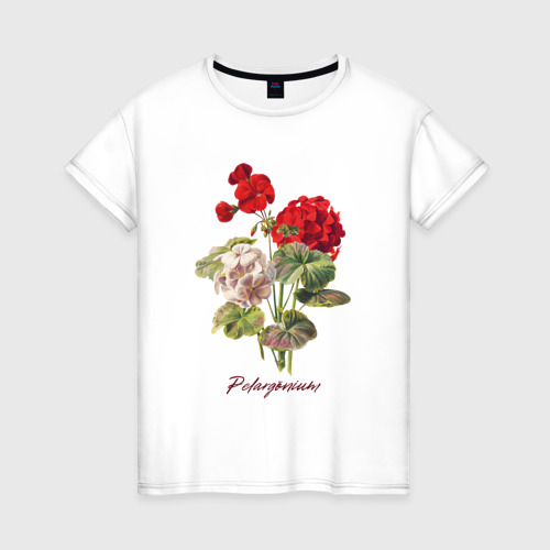Женская футболка из хлопка с принтом Пеларгония герань цветы иллюстрация, вид спереди №1