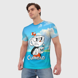 Футболка с принтом Cuphead сердитая чашечка для мужчины, вид на модели спереди №2. Цвет основы: белый