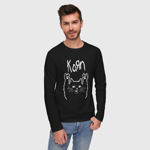 Мужской лонгслив хлопок Korn рок кот, цвет черный - фото 3