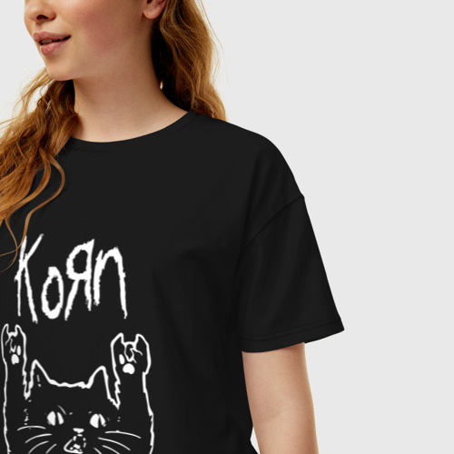 Женская футболка хлопок Oversize Korn рок кот, цвет черный - фото 3