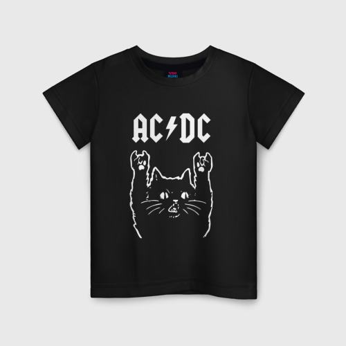 Детская футболка хлопок AC/DC рок кот, цвет черный