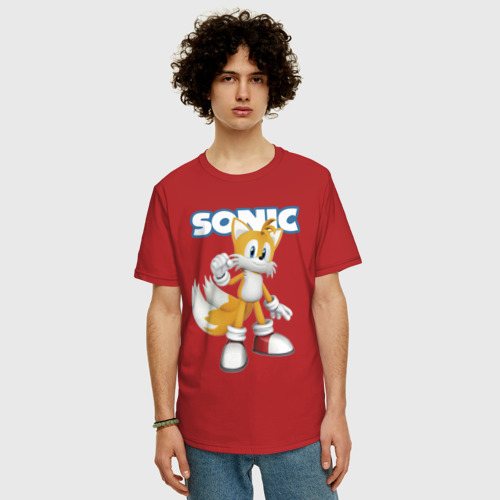 Мужская футболка хлопок Oversize с принтом Майлз Тейлз Прауэр / Sonic / Видеоигра, фото на моделе #1