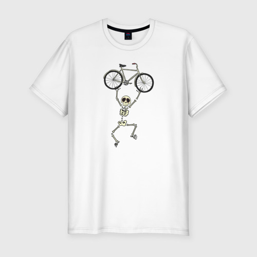 Мужская футболка хлопок Slim с принтом Скелетик и велосипед, вид спереди #2