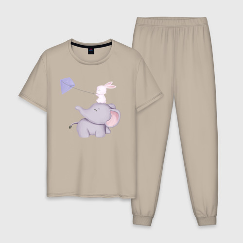 Мужская пижама хлопок Милый Слонёнок и Кролик Играют С Воздушным Змеем, цвет миндальный
