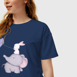 Женская футболка хлопок Oversize Милый Слонёнок и Кролик Играют С Воздушным Змеем - фото 2