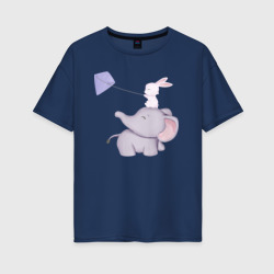 Женская футболка хлопок Oversize Милый Слонёнок и Кролик Играют С Воздушным Змеем