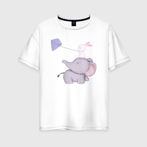 Женская футболка из хлопка оверсайз с принтом Милый Слонёнок и Кролик Играют С Воздушным Змеем, вид спереди №1