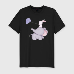 Мужская футболка хлопок Slim Милый Слонёнок и Кролик Играют С Воздушным Змеем