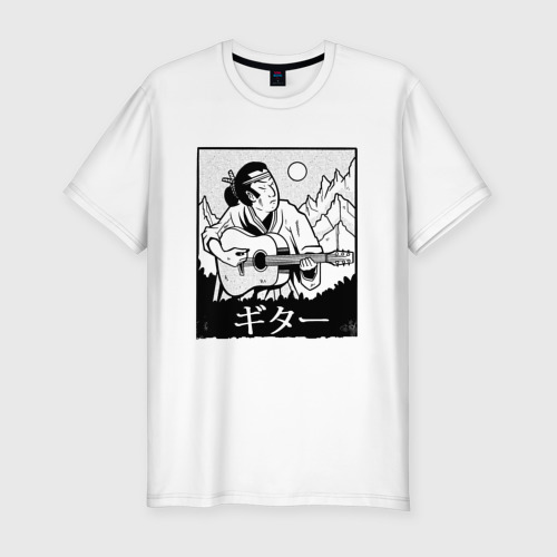 Мужская футболка хлопок Slim с принтом Самурай с гитарой | Samurai playing guitar, вид спереди #2