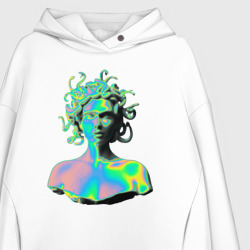 Худи с принтом Gorgon Medusa Vaporwave Neon для женщины, вид на модели спереди №2. Цвет основы: белый