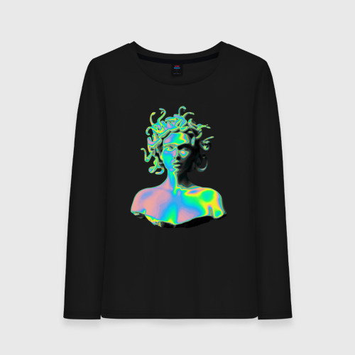 Женский лонгслив хлопок с принтом Gorgon Medusa / Vaporwave / Neon, вид спереди #2