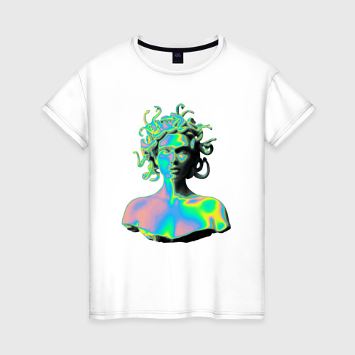 Женская футболка хлопок Gorgon Medusa Vaporwave Neon, цвет белый