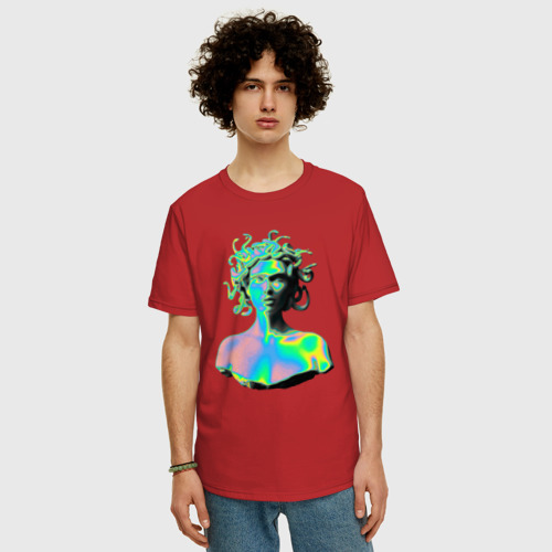 Мужская футболка хлопок Oversize с принтом Gorgon Medusa / Vaporwave / Neon, фото на моделе #1