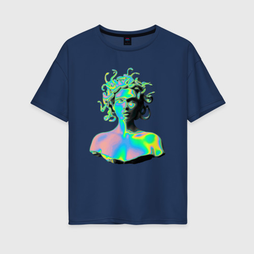 Женская футболка хлопок Oversize Gorgon Medusa Vaporwave Neon, цвет темно-синий