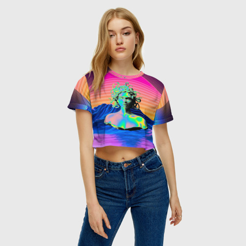 Женская футболка Crop-top 3D Gorgon Medusa Vaporwave Neon Mountains, цвет 3D печать - фото 3