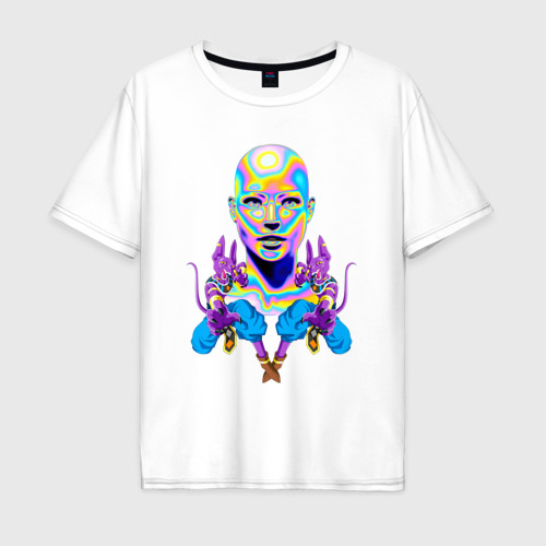 Мужская футболка хлопок Oversize Богиня и коты Vaporwave Neon, цвет белый