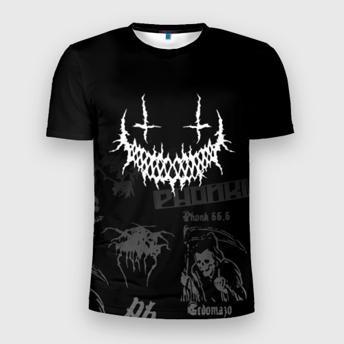 Мужская футболка приталенная с принтом Злая улыбка демона фонк паттерн, вид спереди №1