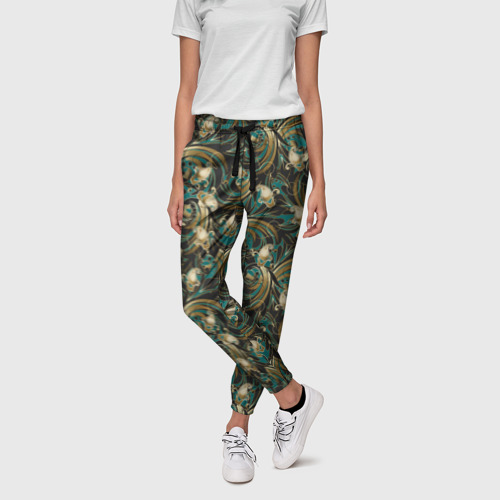 Женские брюки 3D с принтом Абстрактные  зеленые листья, фото на моделе #1