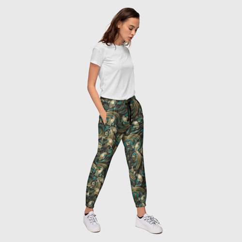 Женские брюки 3D с принтом Абстрактные  зеленые листья, вид сбоку #3