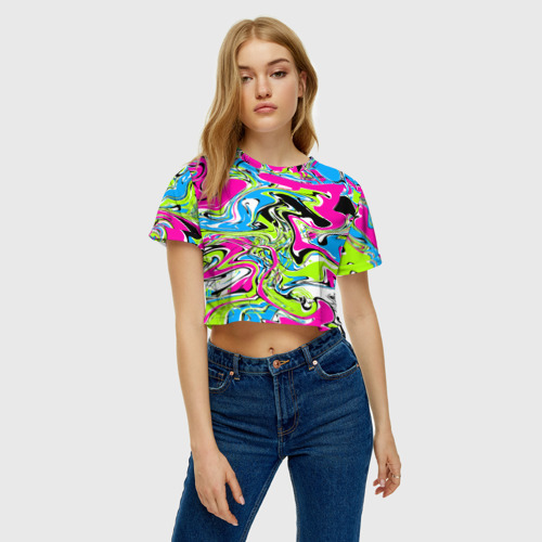 Женская футболка Crop-top 3D Абстрактные мраморные разводы в ярких цветах. Поп арт, цвет 3D печать - фото 3